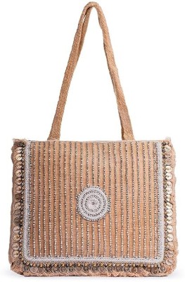 Cnew White Tote Handcrafted Beaded Coin Jute Tote Bag Stylish and Sustainable