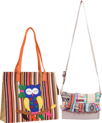 ENSAC Beige Sling Bag Beautiful Ruffle style sling With Eco-Friendly Jute Bag Multipurpose Hand Bag(Pack of 2)