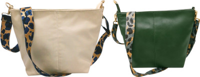 Dakota Beige, Green Sling Bag with Detachable Dark Blue Belt for Girls & Women(Pack of 2)