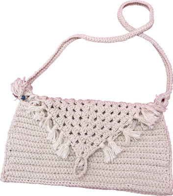 kalachakra White Sling Bag Boho Shoulder Bag Crochet Handmade Purse with fringe
