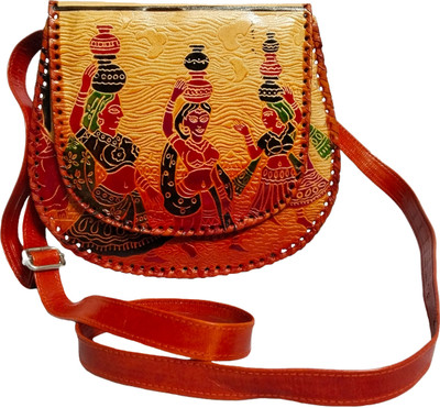 Chitrahar Orange Sling Bag Hand Crafted Pure Shantiniketan Leather Cross Body Sling Bag for Girls and Women