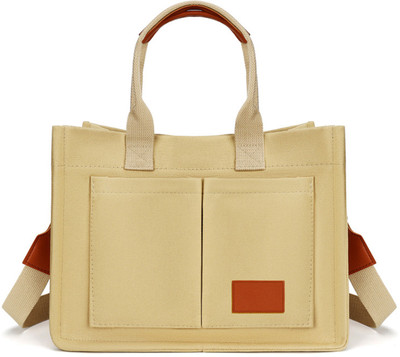 KRAPTICK Beige Tote Handbag with Front Pockets, Crossbody with Multi - Compartment Tote Bag