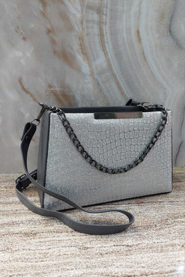G GLAMORA Grey Sling Bag Elegant Textured Shoulder Sling Bag with Chain Detail for Women
