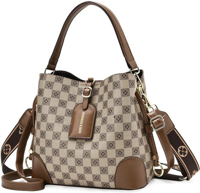 gustave Brown Shoulder Bag PU Bucket Bag for Women Fashion Check Pattern Bucket Bag Crossbody Shoulder Bag