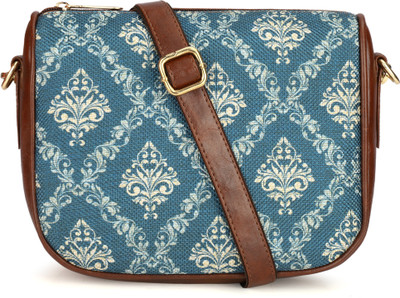 The CLOWNFISH Blue Sling Bag Garnet Series Printed Handicraft Fabric & Tapestry Sling Bag for Women (Blue)