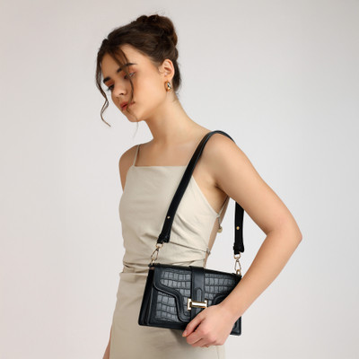 LINO PERROS Black Sling Bag Womens Croco Black Hand Bag