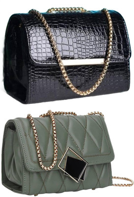 KRIFTY Black, Green Sling Bag Stylish Fancy Unique Design Sling Bag For Women's/Girls(Pack of 2)