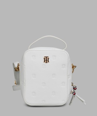 TOMMY HILFIGER White Sling Bag ODETTE II-WHITE GREIGE-TOP HANDLE XBODY-EMBOSSED TH SERIF CRITTER PVC