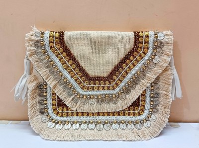 MKS Beige, Gold Sling Bag Handcrafted Boho Banjara Bags For Women, Handembrodry Sling Bag For Regular Wear