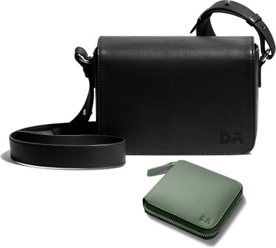 DailyObjects Black Sling Bag Sol Box Shoulder Bag | Sap Green Vegan Leather Zip Wallet Combo(Pack of 2)