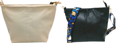 Dakota Beige, Black Sling Bag with Detachable Grey Belt for Girls & Women(Pack of 2)