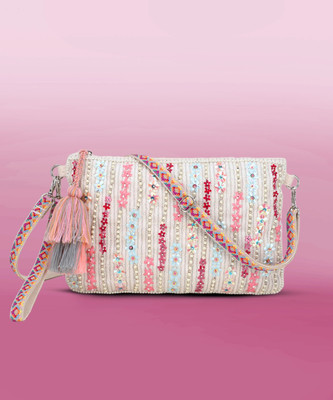Anekaant Multicolor Sling Bag Glid Natural & Pink Striped Sequined Cotton Handloom & Leatherette Sling Bag
