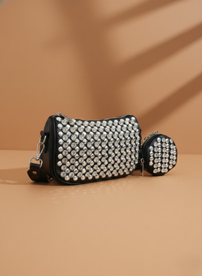 DOSYSO Black, Silver Sling Bag Rhinestone sling bags for women with coin pouch broad strap girls party purse