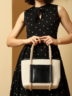 ENSAC Black Hand-held Bag Women’s Beige & Black Tote Bag, Canvas Handbag with Rope Handles