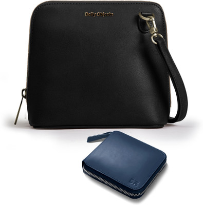 DailyObjects Black Sling Bag Vegan Leather - Trapeze Crossbody Bag | Blue Leather Zip Wallet Combo(Pack of 2)