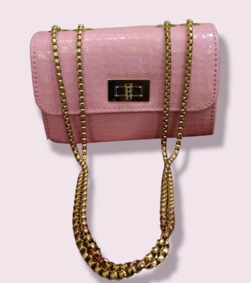 Agastya Pink, Blue, Gold Satchel Sling Pink Box PU Leather Crocodile Pattern Non Detachable Shoulder Chain Strap