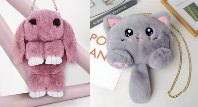 Nappmall Grey, Pink Sling Bag Women Shoulder Bag Cute Soft & Fluffy Teddy Bear Sling Bag | Side Bags(Pack of 2)