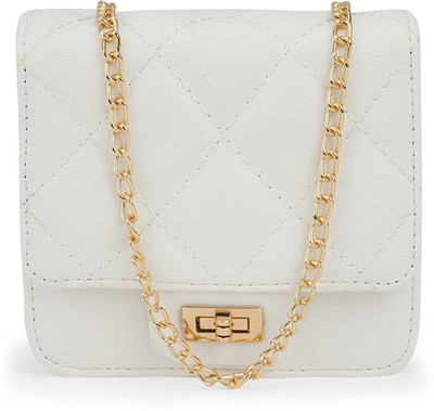 Globus White Sling Bag Puffed Quilted Twistlock Small Square Party With Detachable Chain Strap