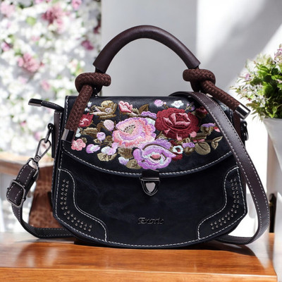 Exotic Black Satchel Vintage Floral Embroidery Sling Bag