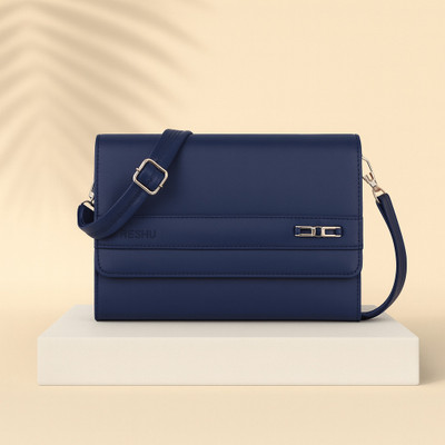 Reshu Blue Sling Bag Handmade Vegan PU Leather Women's Sling Bags With Shoulder Strap & 3 pockets