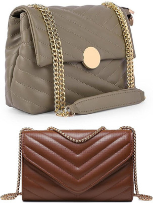 KRIFTY Khaki, Brown Sling Bag Stylish Fancy Unique Design Sling Bag For Women's/Girls(Pack of 2)
