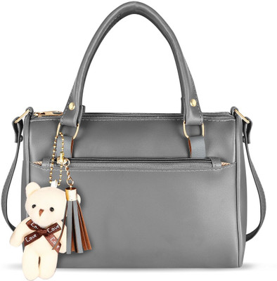 KAVRIXA Grey Sling Bag Grey Luxurious Faux Leather Handbag With Teddy Bear For Women KX- HB19