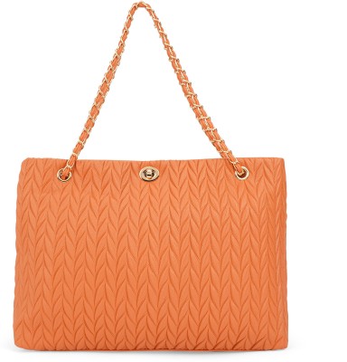 Globus Orange Tote Leaf Raised Design Twistlock Chain Detail Double Handle Party Bag