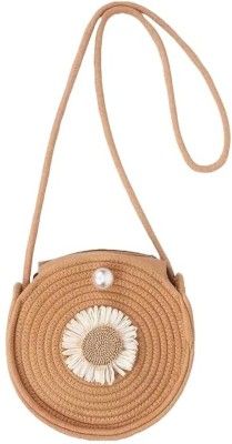 AMAK INC Brown Sling Bag Women's Round (Gol) Sling Bag with Pompom | Clutch BagJute Handbag,Small