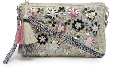 Anekaant White, Multicolor Sling Bag Boho Natural & Multi Floral Embellished Polycotton Sling Bag