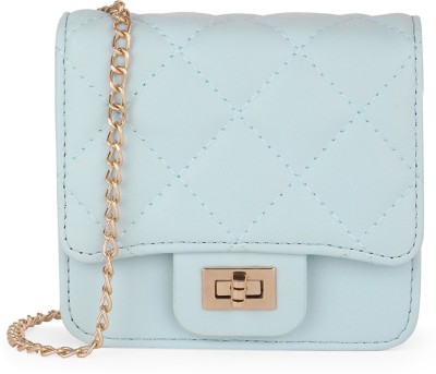 Globus Blue Sling Bag Puffed Quilted Twistlock Small Square Party With Detachable Chain Strap