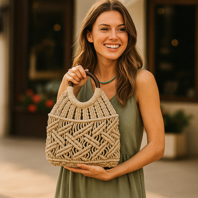 EZoneTrading Beige Tote Macramé Handbag for Women | Stylish Cotton Tote Bag with Wooden Handles