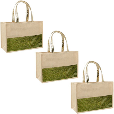 ENSAC Green Tote JUTE-GIFTBAGS(Pack of 3)