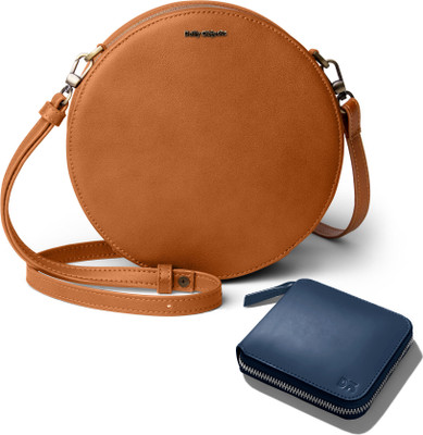 DailyObjects Tan Sling Bag Vegan Leather - Orbis Crossbody Bag | Ultramarine Blue Leather Zip Wallet Combo(Pack of 2)