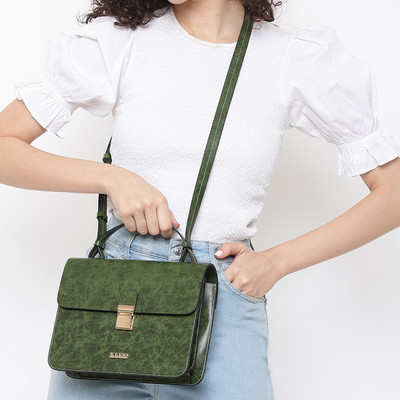 KLEIO Green Sling Bag Vegan PU Leather Push Lock Messenger Sling Crossbody Handbag for Womens/Girls