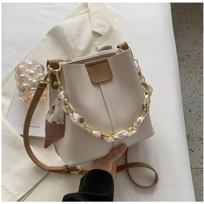 accomade White Sling Bag Bucket Tote Bag with Scarf Chain Handle. 2 compartment & Zip pocket as partition
