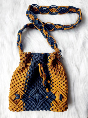 Mpire Yellow, Blue Clutch Handmade macrame cotton bag In honey and graphite color