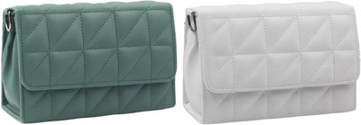 zufisha Green, White Sling Bag Women Embossed Textured Flap Sling Bag with Adjustable Strap(Pack of 2)