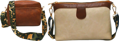 Dakota Brown, Beige Sling Bag /Crossbody Bag with Green Adjustable Belt for Girls & Women(Pack of 2)
