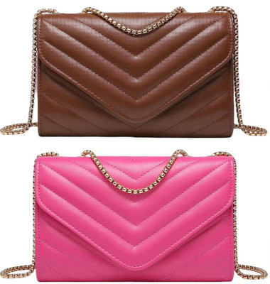 KRIFTY Brown, Pink Sling Bag Stylish Fancy Unique Design Sling Bag For Women's/Girls(Pack of 2)