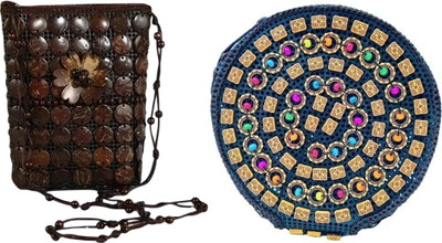 Nappmall Brown, Tan Sling Bag Handcrafted Coconut Shell Beaded Sling bag for Women Crossbody Long Strap Purse(Pack of 2)