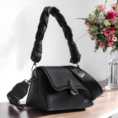 Exotic Black Sling Bag Flap Design Texture Sling Bag