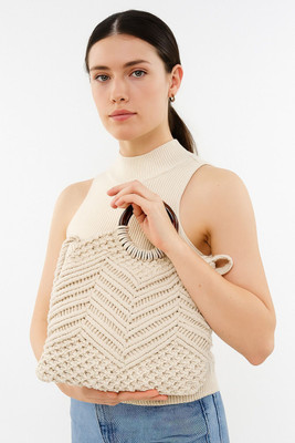 Onish White Hand-held Bag Handmade Macrame Sling Bag with Wooden Handle – Boho Chic Cotton Tote