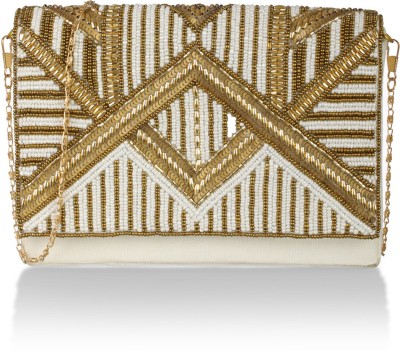 Priyaasi Gold, White Sling Bag ChalkyGold Beaded Party Clutch