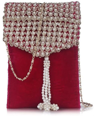 LANCER Pink Shoulder Bag Velvet Sling Clutch Bag with Pearl Chain & Magnetic Lock for Women