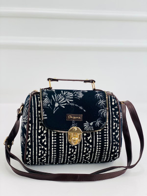 Shigora Black Satchel Premium Cotton Printed Vegan Leather Handbag