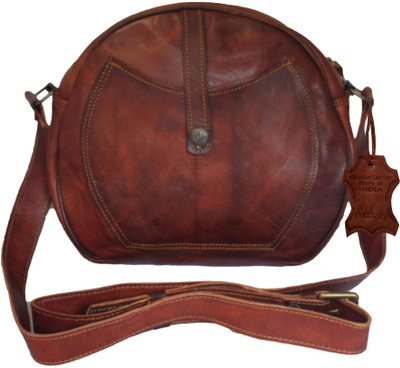 Madosh Brown Sling Bag Women Genuine Leather Round Crossbody Bag Handmade Vintage Brown Shoulder Purse