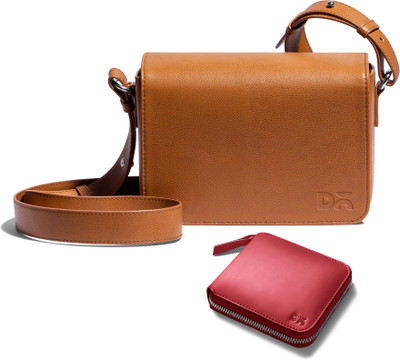 DailyObjects Tan Sling Bag Sol Box Shoulder Bag | Crimson Red Vegan Leather Zip Wallet Combo(Pack of 2)