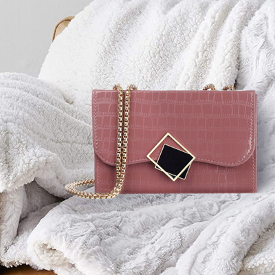 Leather Land Pink Sling Bag Designer Box Golden chain in Grape pink