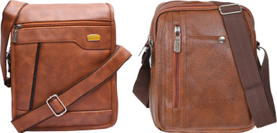 Blowzy Tan, Tan Sling Bag Artificial Leather Cross-Body Large Sling Bag for Men/Boys(Pack of 2)