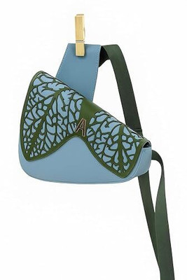 AKS & AD Blue Sling Bag Forest Whispers Unisex Crossbody Bag | Genuine Leather | RFID | Leaf Design